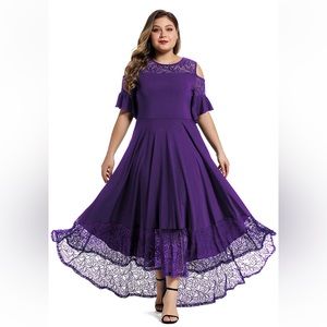 LALAGEN Womens Plus Size Lace Cold Shoulder Casual Long Plain Evening Dress